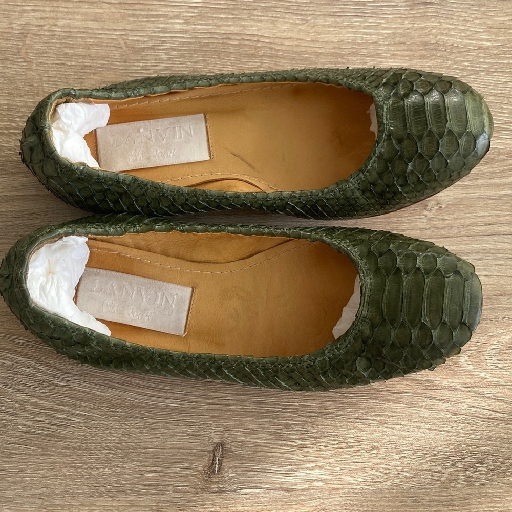 Lanvin Olive Green Python-Embossed Ballet Flats